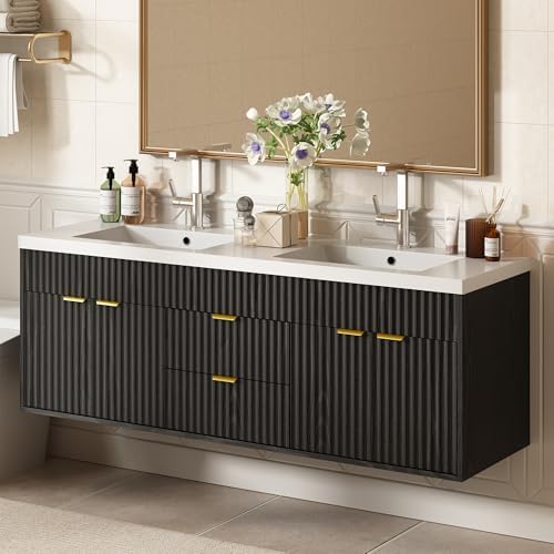 CARPETNAL 60 Inch Bathroom Vanity with Sink, Black. | Modern Fluted Large Double Sink Bathroom Vanity with Sink with 2 Storage Cabinets, Adjustable Shelf and 2 Drawers.