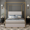 Merax Luxury King Metal Canopy Bed with Tall Upholstered Headboard, Beige