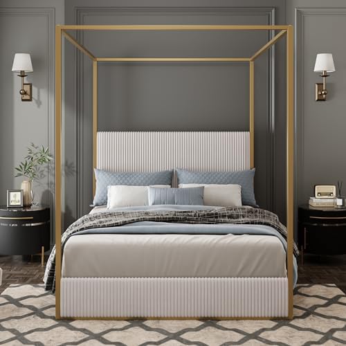 Merax Luxury King Metal Canopy Bed with Tall Upholstered Headboard, Beige