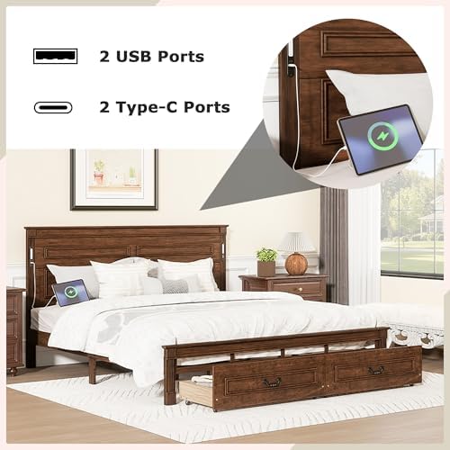 King Size Bed Frame with 2 Storage Drawers & Tall-Panel Headboard and Footboard, Wood Platform Storage Bed Built-in LED Lights, USB Charging Station, No Box Spring Required (Walnut)