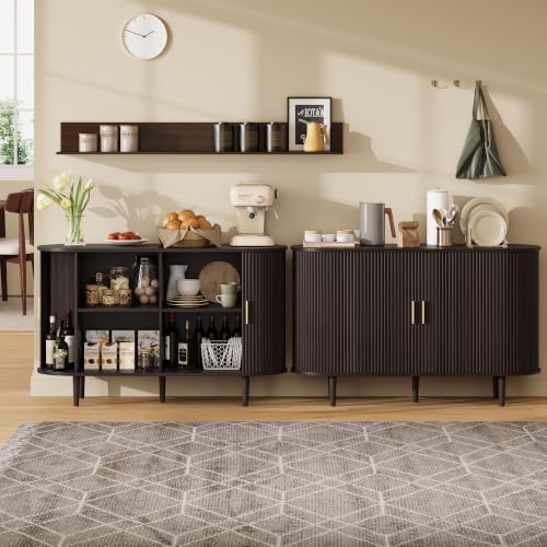 47.2" Sideboard Buffet Cabinet with Sliding Door,Fluted Cabinet with Storage & 2 Adjustable Shelfs,Mid Century Modern Coffee Bar Console Table for Kitchen, Living Room, Entryway，Dark Walnut