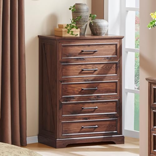 ACCOHOHO Farmhouse 5 Drawers Dresser Chests for Bedroom, Brown