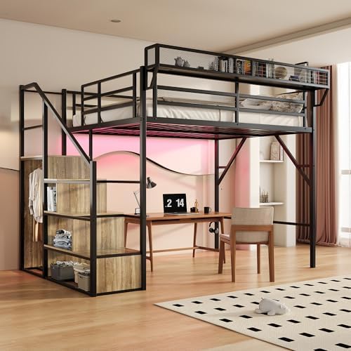 Queen Size Metal Loft Bed with Reversible Stairs and LED & USB Port