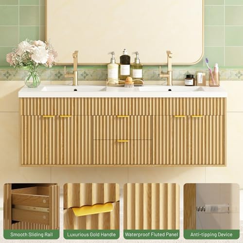 CARPETNAL 60 Inch Bathroom Vanity with Sink, Natural Oak. | Modern Fluted Large Double Sink Bathroom Vanity with Sink with 2 Storage Cabinets, Adjustable Shelf and 2 Drawers.