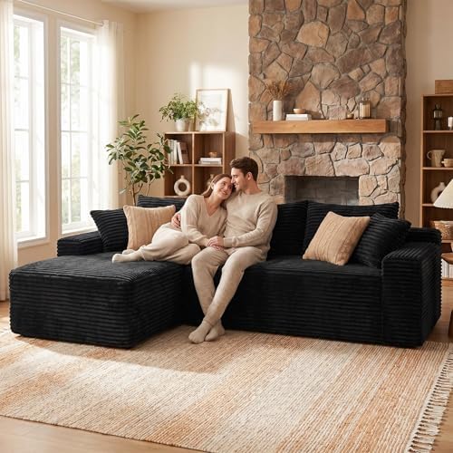 95" L-Shaped Cloud Sectional Couch, Left Facing Modular Compressed Boneless Sectional Sofa with Chaise Lounge, Plush Corduroy Boneless Corner Sofa for Living Room