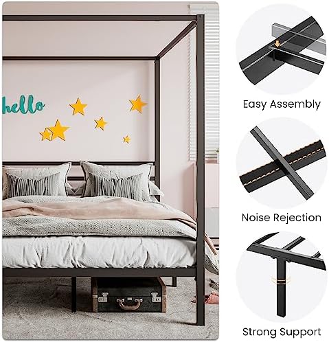 SHA CERLIN Queen Size Canopy Bed Frame with Heavy Duty Metal Slats, Black