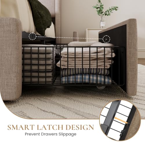 SHA CERLIN Full Size Storage Bed Frame with 4 Oversized Drawers, Modern Wingback Headboard with Storage Shelf & Charging Station, No Box Spring Needed, Easy Assembly, Beige