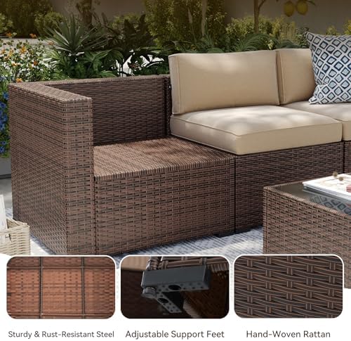 Aoxun Patio Furniture Sets, 8-Piece Outdoor Patio Furniture with 44'' Propane Gas Firepit Table, Wicker Outdoor Conversation Set Sectional Sofa for Backyard, Poolside, Garden (Black Cushion)