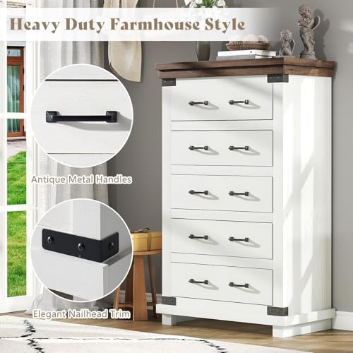 AMERLIFE 5-Piece Farmhouse Bedroom Set, Rustic Wood Queen Bed Frame with 54" Tall Headboard, 6-Drawer Dresser Chest, 5-Drawer Tall Chest, Nightstands Set of 2 with Charging Station, White