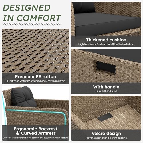 LHBcraft 5 Piece Patio Furniture Set, PE Wicker Outdoor Furniture Set with Soft Cushions & Coffee Table, Outdoor Lounge Chairs with Ottoman for Porch, Lawn, Balcony, Sand-Black