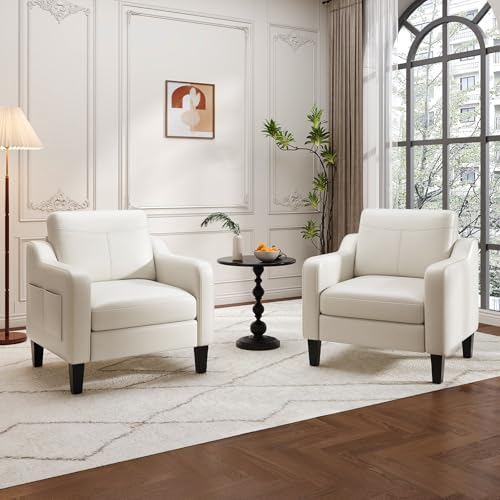 MALOL PU Leather Accent Chair, Mid-Century Modern Living Room Armchair Sofa with Removable Cushions, Solid Wood Frame & Stitched Armrest Design, Bedroom Chair with Plastic Legs, Beige