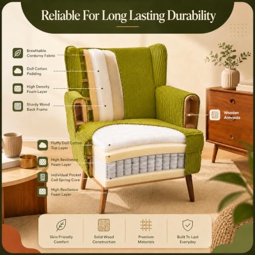 VINGLI 26" Wingback Accent Chair, Corduroy Armchair for Bedroom Living Room