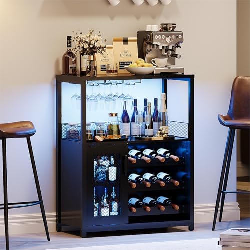 IDEALHOUSE Wine Bar Rack Cabinet with LED Lights, Small Coffee Bar Cabinet