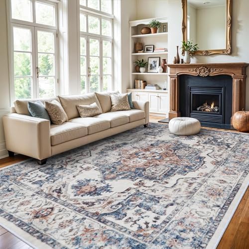 10x14 Washable Vintage Area Rug: Indoor Extra Large Rugs for Living Room Soft Stain Resistant Carpet with Non-Slip Backing Thin Accent Low Pile Print Floor Mat for Bedroom Dining Room(10x14 Brick)