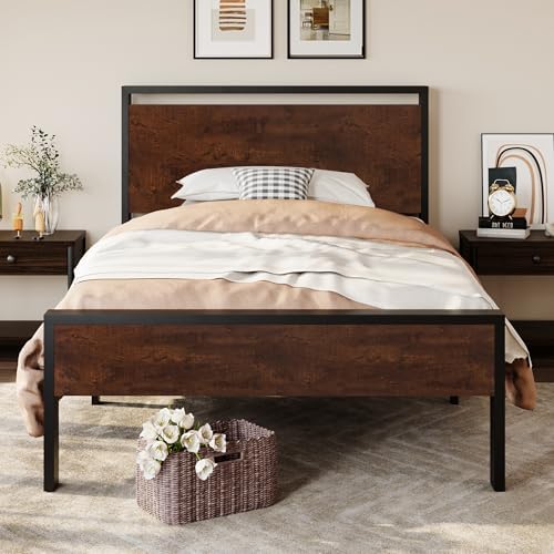 SHA CERLIN 14 Inch Twin Size Metal Platform Bed Frame with Wooden Headboard and Footboard, Mattress Foundation, No Box Spring Needed, Large Under Bed Storage, Heavy Duty Slats Support, Mahogany
