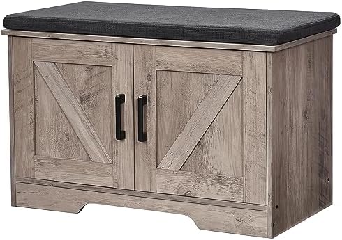 HOMSHO Farmhouse Shoe Storage Bench with 2 Barn Doors & Padded Seat Cushion