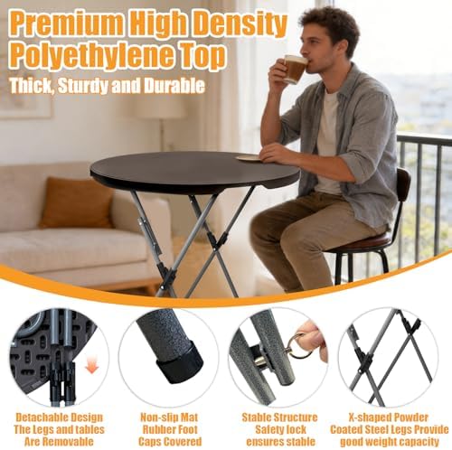 GUAGUA 32in Folding Cocktail Table, Bar Height, Round,High Top,Brown