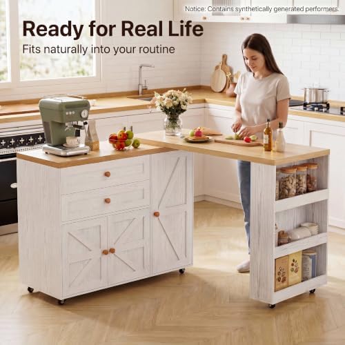 IRONCK Rolling Kitchen Island with 360° Swivel Table and Storage, White