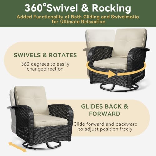 Aoxun 3 Pieces Patio Furniture Set, Patio Swivel Rocker Chairs Set of 2, Wicker Outdoor Bistro Set with Rocking Chair, Thickened Cushions and Table for Porch (Beige)