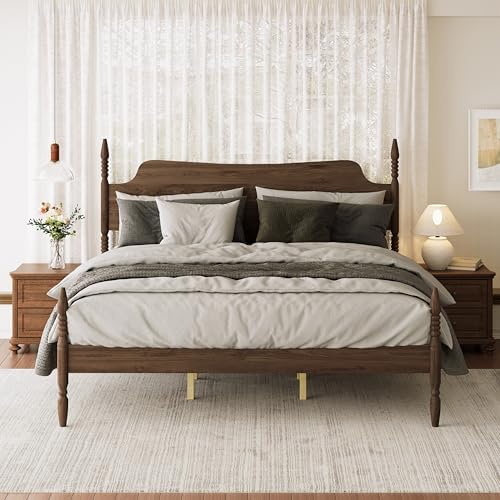 Vintage Wood King Bed Frame, Traditional Spindle Platform Bed with Tall Headboard, Walnut Antique Style 4-Poster Design, Under Bed Storage, No Box Spring Needed (Walnut, King)