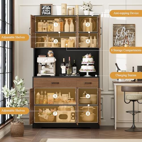 HOSTACK 71"H Kitchen Pantry Storage Cabinet, Farmhouse Hutch Cabinet, Brown