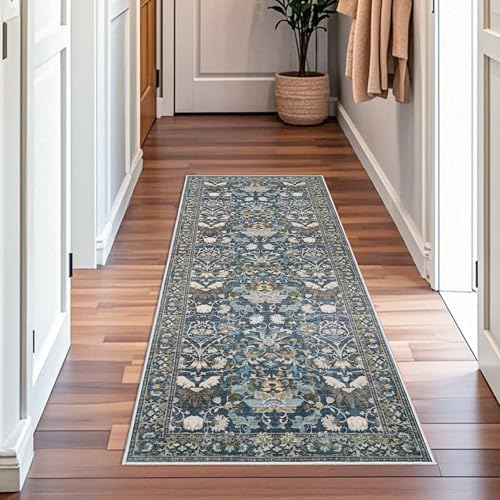Washable Vintage 2x6 Bathroom Rugs: Soft Carpet with Non-Slip Backing for Hallway Entryway Kitchen Stain-Resistant Bedroom Floor Mat – Gifts for Newlyweds/Household Home Decor (2x6,Floral/Blue)