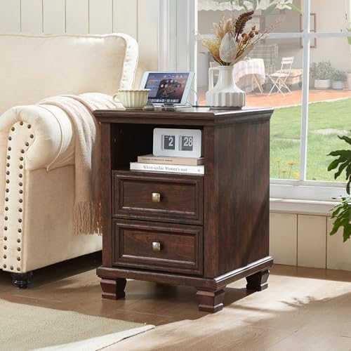 SAVOR LIFE Farmhouse Nightstand with Charging Station, Walnut