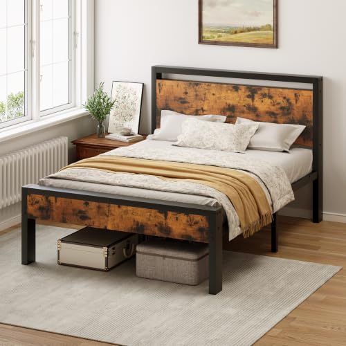 Sweetcrispy Full 14 Inch Bed Frame with Wood Headboard, Rustic Brown