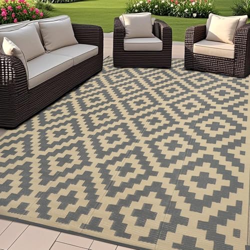 SAND MINE 6 x 9 Ft Reversible Mats, Plastic Straw Rug, Modern Area Rug, Large Floor Mat and Rug for Outdoors, RV, Patio, Backyard, Deck, Picnic, Beach, Trailer, Camping, Grey & Tan