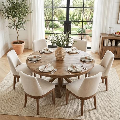 HNY Modern Dining Chairs Set of 4 with Comfortable Back Support, Farmhouse Soft Linen Upholstered Kitchen Dining Room Chairs with Solid Wood Legs, Armless Accent Side Chairs for Living Room, Beige