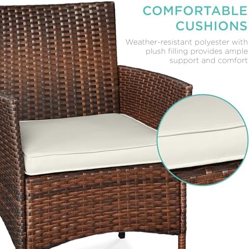 Best Choice Products 3-Piece Outdoor Wicker Conversation Bistro Set, Space Saving Patio Furniture for Garden w/Side Table - Brown/White Sand