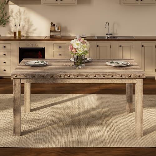 Morden Fort Farmhouse Rectangular Wooden Dining Table, Rustic 60" Kitchen & Dining Room Table with Woodgrain Tabletop, Rivet Accents & Solid Wood Legs