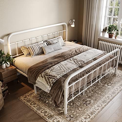 Allewie King Metal Bed Frame with Victorian Iron-Art Headboard, White