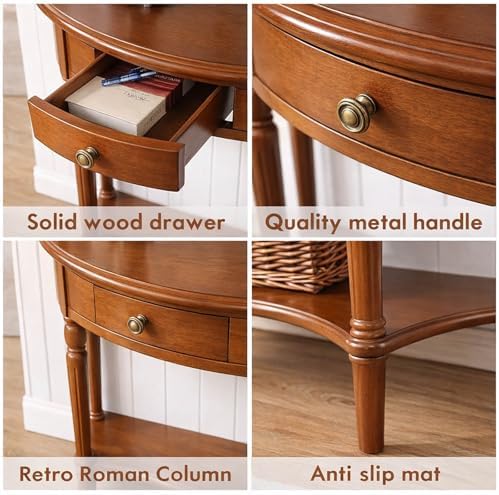 Half Moon Console Table Solid Wood Vintage Entryway Table with Storage Drawer Small Hallway Table for Entryway Half Round Foyer Tables Walnut Entry Way Tables For Entrance (Cherry, W-23.6")