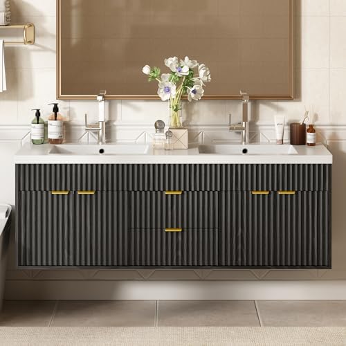 CARPETNAL 60 Inch Bathroom Vanity with Sink, Black. | Modern Fluted Large Double Sink Bathroom Vanity with Sink with 2 Storage Cabinets, Adjustable Shelf and 2 Drawers.