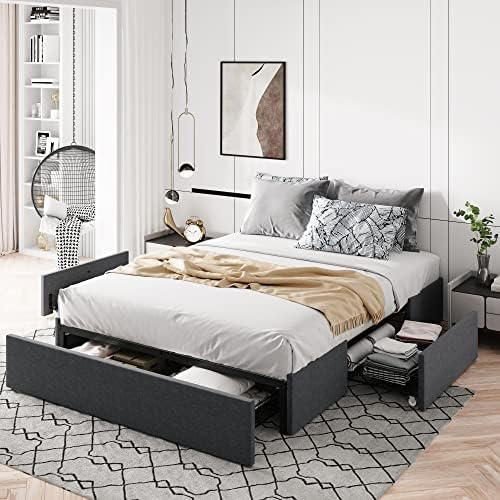 Allewie Full Size Platform Storage Bed Frame with 3 Drawers, Dark Grey