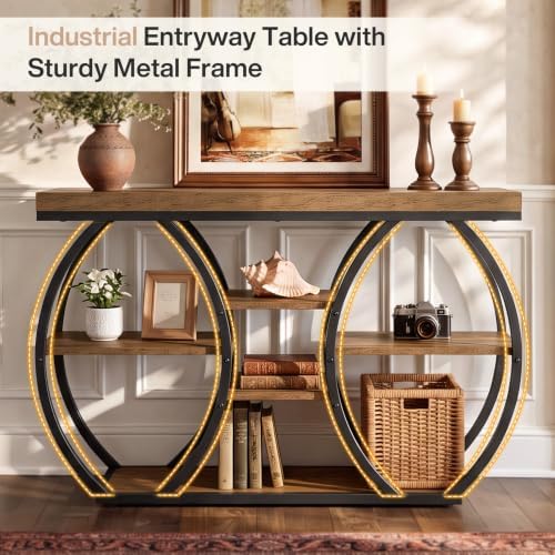 Tribesigns 47-Inch Farmhouse Console Table for Entryway, 4-Tier Narrow Industrial Sofa Table with Artistic Curved Metal Frame for Living Room, Hallway, Foyer, Behind Couch, Rustic Brown