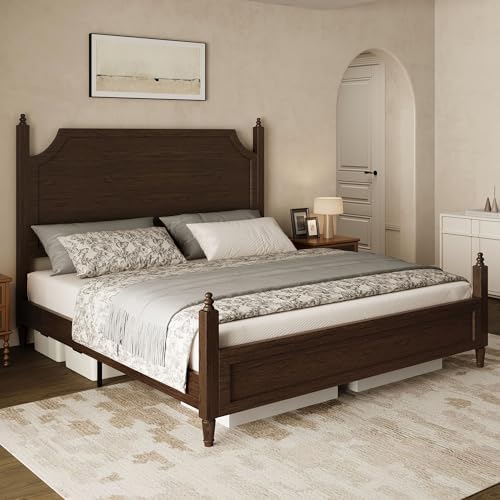 Belffin Wood Queen Size Bed Frame with Vintage Curved Headboard, Walnut