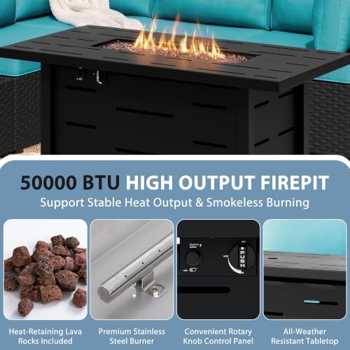 Shintenchi 6 Piece Outdoor Patio Furniture Set with 43 Inch Propane Fire Pit, Washable Cushions, Glass Coffee Table, Waterproof Cover & CSA Certified for Backyard Poolside, Black PE Rattan/Blue