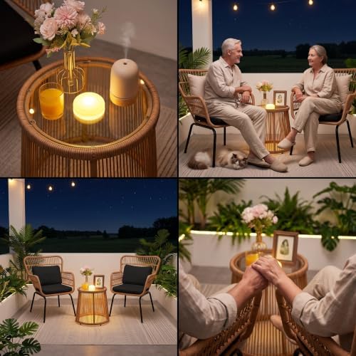 3 Piece Outdoor Wicker Furniture Bistro Set, Rattan Chairs Conversation Sets with Solar Light, Wicker Patio Furniture for Balcony Poolside Backyard, Black