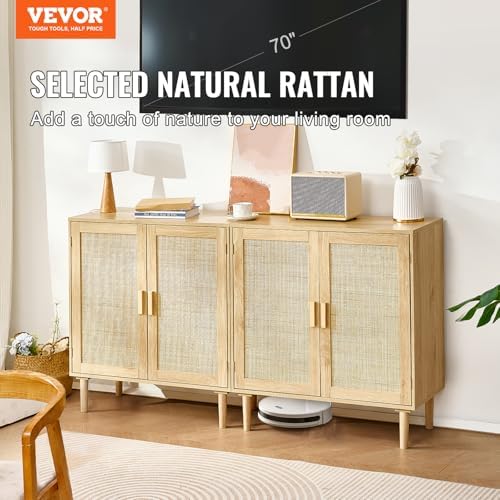 VEVOR Rattan Buffet Cabinet with Storage, 4 Magnetic Doors and Adjustable Shelves, Sideboard for Hallway, Living Room, Kitchen, Natural