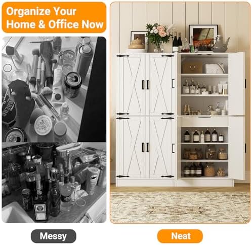 Unikito 71" Tall Pantry Cabinet with Adjustable Shelves and 2 Drawers | Large Wooden Farmhouse Storage Cupboard, Barn Door, Sturdy and Deep, Versatile for Dining Room, Living Room, Utility Room
