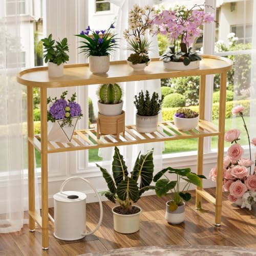 Narrow Console Table Bamboo 39.4", Modern Entryway Table for Hallway Oval Top, Sofa Console Table with Anti-Fall Edge, TV Stand for Living Room, Indoor Outdoor Plant Stand, 5min Easy Assembly
