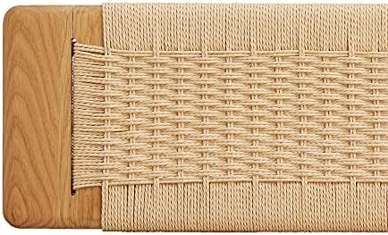 100% Solid Oak Wood Dining Bench, Hand Woven Dining Bench with Trapezoid Leg, Boho Otoman Footrest for Living Room Kitchen Entryway