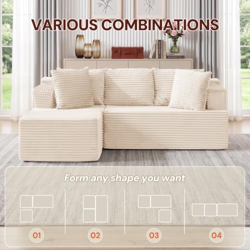 Korser Boneless Couches for Living Room, Cloud Couch Sectional with Ottoman, L-Shaped Sofa with Fluffy Comfy Corduroy Deep Seat, Bedroom, Apartment, No Assembly Required