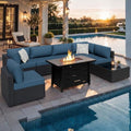 Shintenchi 8 Piece Outdoor Patio Furniture Set with 43 Inch Propane Fire Pit, Washable Cushions, Glass Coffee Table, Waterproof Cover & CSA Certified for Backyard Poolside, Black PE Rattan/Navy Blue