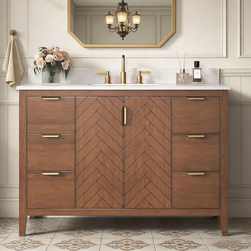 48 Inch Bathroom Vanity with Sink, Pre Assembled, Walnut | Solid Wood Single Sink Bathroom Vanity with Soft Close Doors & Dovetail Drawers, 0.78" Engineered Stone Top, Backsplash