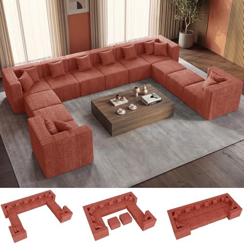 MONVANE Modular Sectional Sofa, Oversized 12 Seat Convertible U Shaped Couch with Ottoman, Comfy Chenille Cloud Couch with Deep Seat, Sectional Couches for Living Room, No Assembly Required, Rust Red
