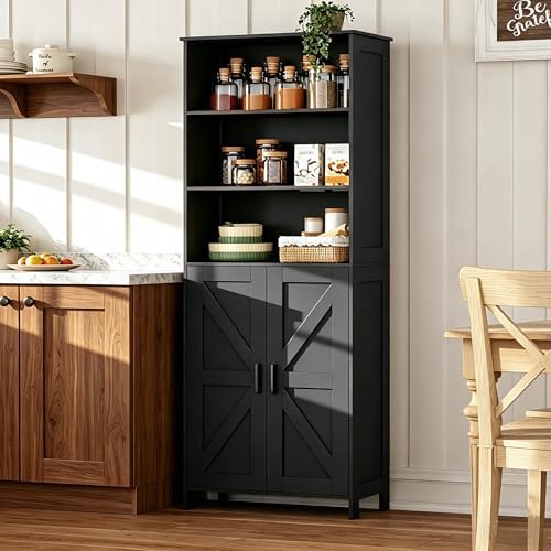 Homhedy 67" Tall Bathroom Storage Cabinet, Bathroom Floor Cabinet | Freestanding Farmhouse Cabinet with Doors and Adjustable Shelf, Linen Cabinet for Bathroom, Living Room, Laundry Room, Black