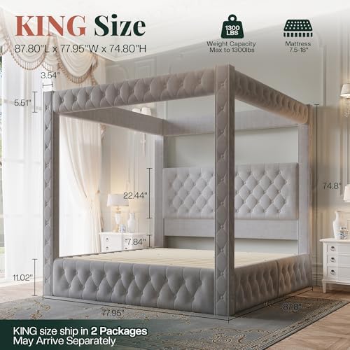 Jocisland King Canopy Bed Frame Velvet Upholstered Headboard,Grey